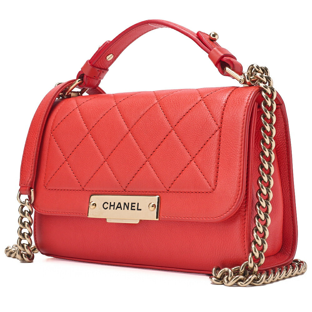CHANEL Chanel Matelasse Logo Plate 2-Way Chain Shoulder Calfskin Red Gold-Tone Hardware, Pre-Owned