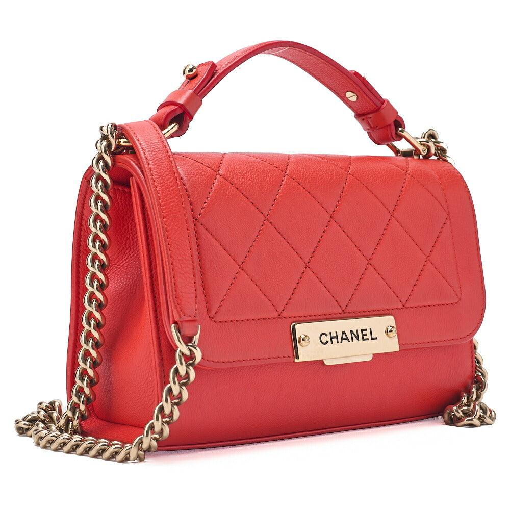 CHANEL Chanel Matelasse Logo Plate 2-Way Chain Shoulder Calfskin Red Gold-Tone Hardware, Pre-Owned