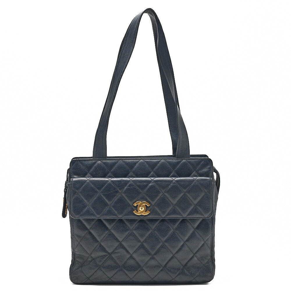 CHANEL Chanel Caviar Skin Matelasse Turn Lock Tote Bag Navy Gold-Tone Hardware, Pre-Owned