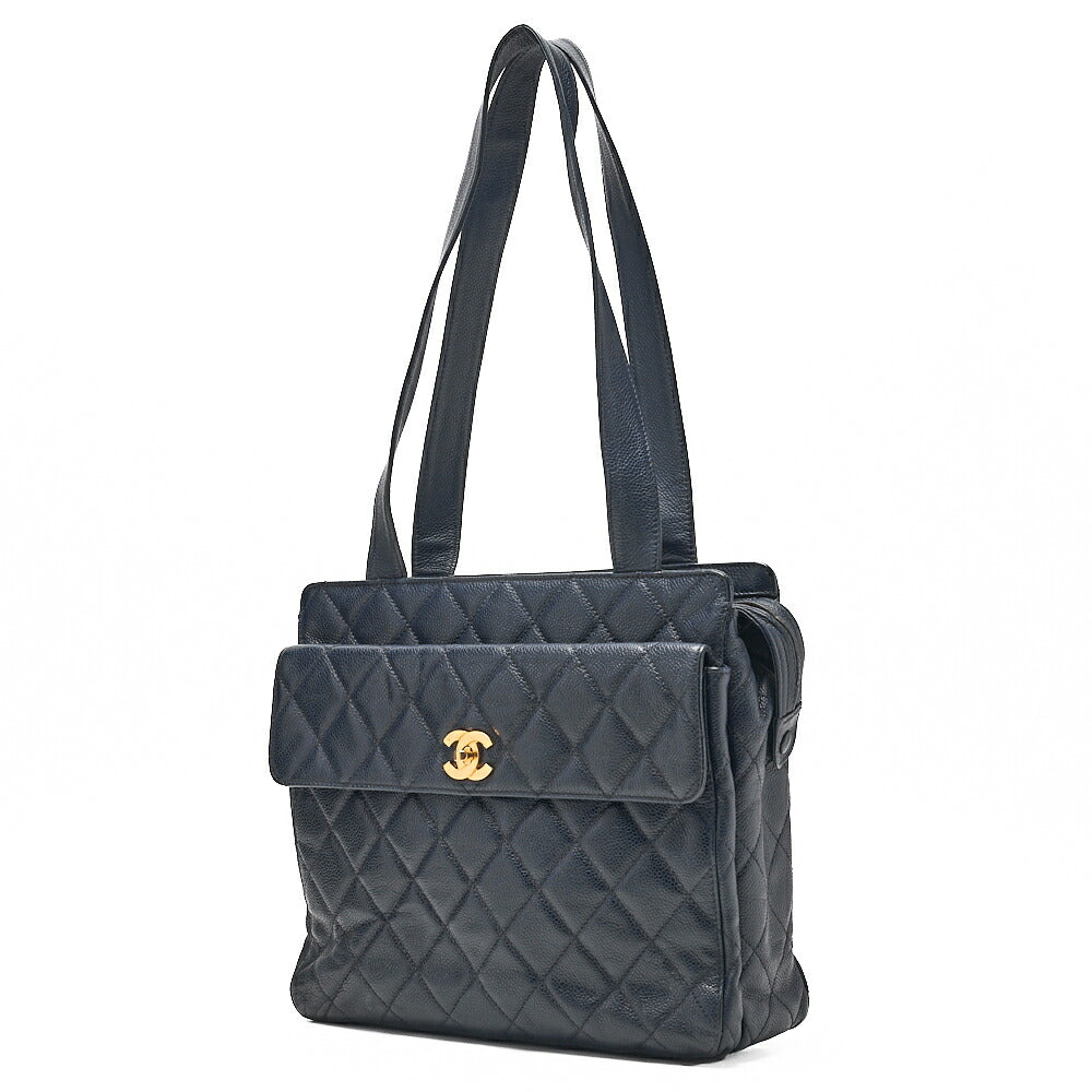 CHANEL Chanel Caviar Skin Matelasse Turn Lock Tote Bag Navy Gold-Tone Hardware, Pre-Owned