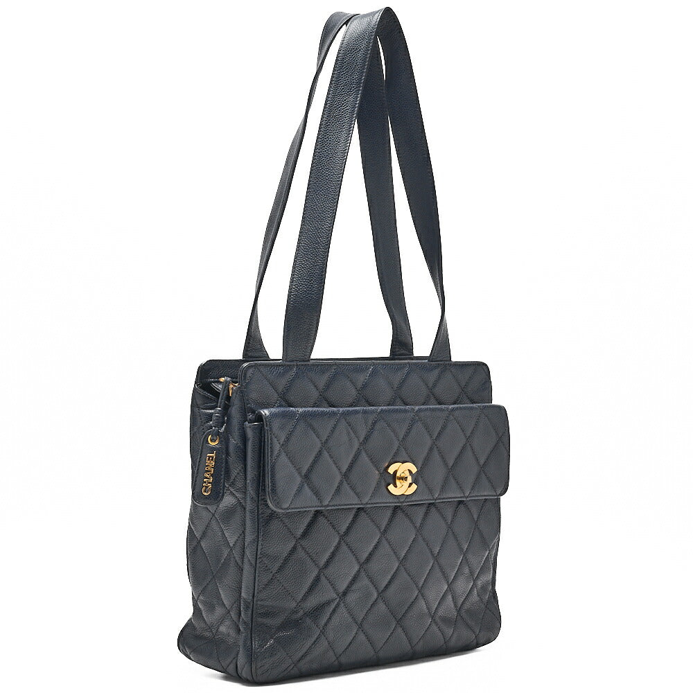 CHANEL Chanel Caviar Skin Matelasse Turn Lock Tote Bag Navy Gold-Tone Hardware, Pre-Owned