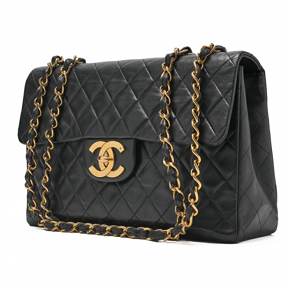 CHANEL Chain Shoulder Bag Deka Matelasse 34cm Single Flap Lambskin Black Gold-Tone Hardware, Pre-Owned