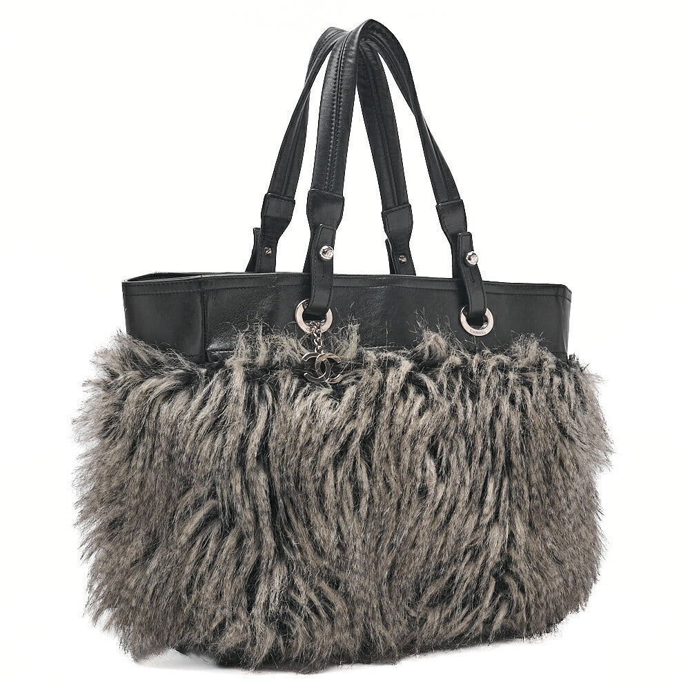 CHANEL Paris Biarritz Fantasy Fur Coco Charm Tote Bag Black Silver-Tone Hardware, Pre-Owned
