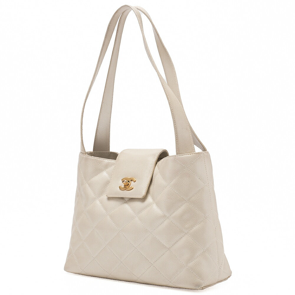 CHANEL Tote Bag Matelasse Turn Rock Bicolore Caviar Skin Ivory Gold-Tone Hardware, Pre-Owned