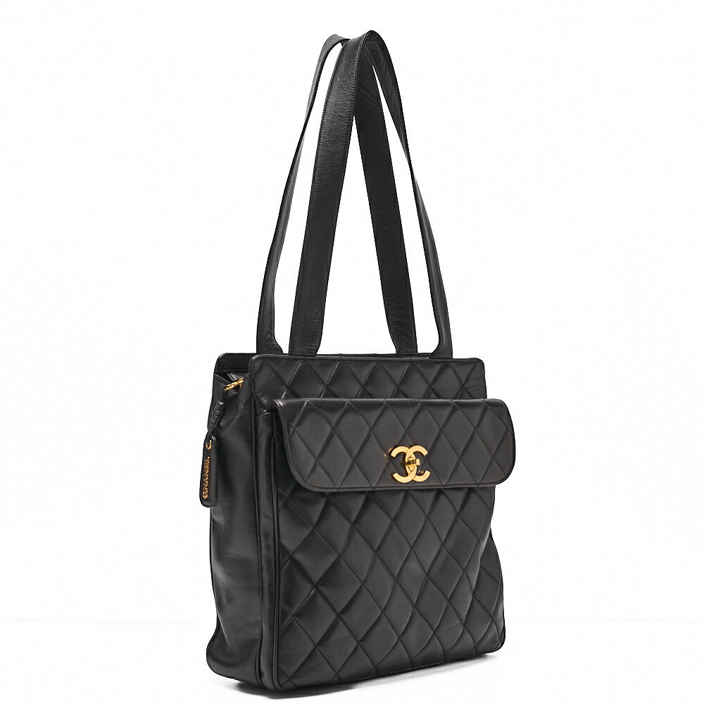 CHANEL Lambskin Matelasse Turn Lock Logo Charm Tote Bag Black Gold-Tone Hardware, Pre-Owned