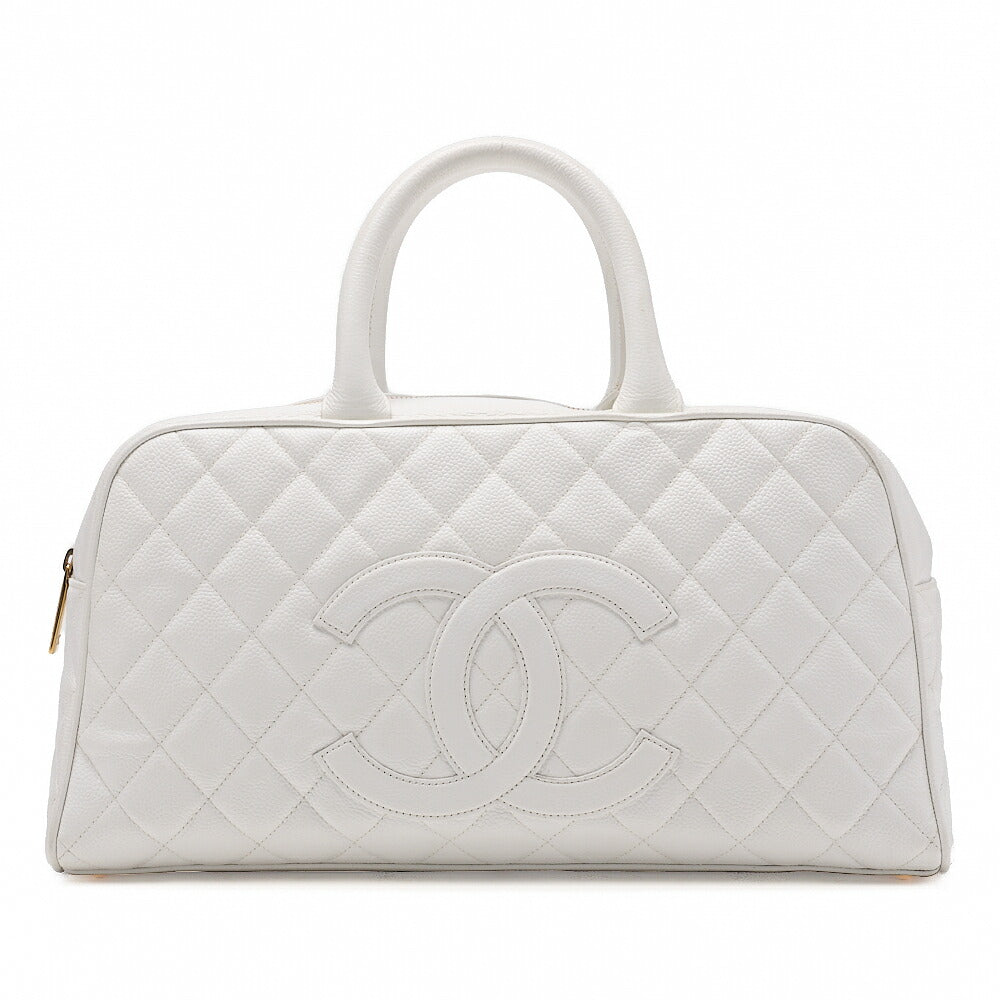 CHANEL Handbag Boston Bag Caviar Skin Matelasse Coco Mark White Gold-Tone Hardware, Pre-Owned