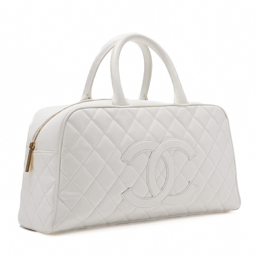 CHANEL Handbag Boston Bag Caviar Skin Matelasse Coco Mark White Gold-Tone Hardware, Pre-Owned