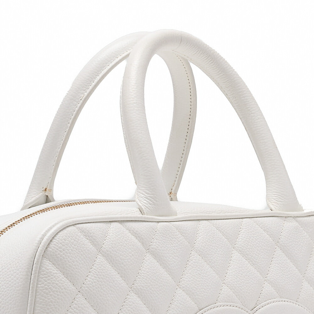 CHANEL Handbag Boston Bag Caviar Skin Matelasse Coco Mark White Gold-Tone Hardware, Pre-Owned