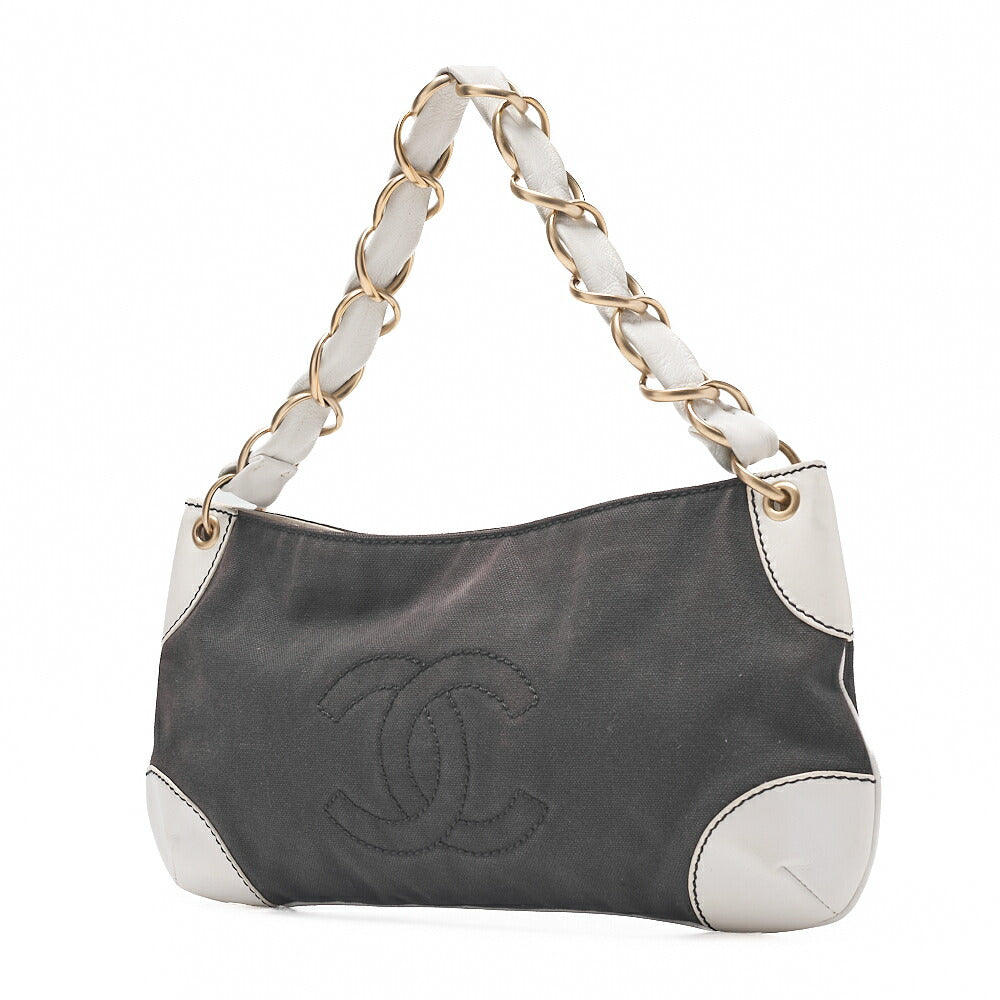 CHANEL Canvas x Lambskin Deka Coco Mark Chain Shoulder Black x White Gold-Tone Hardware, Pre-Owned