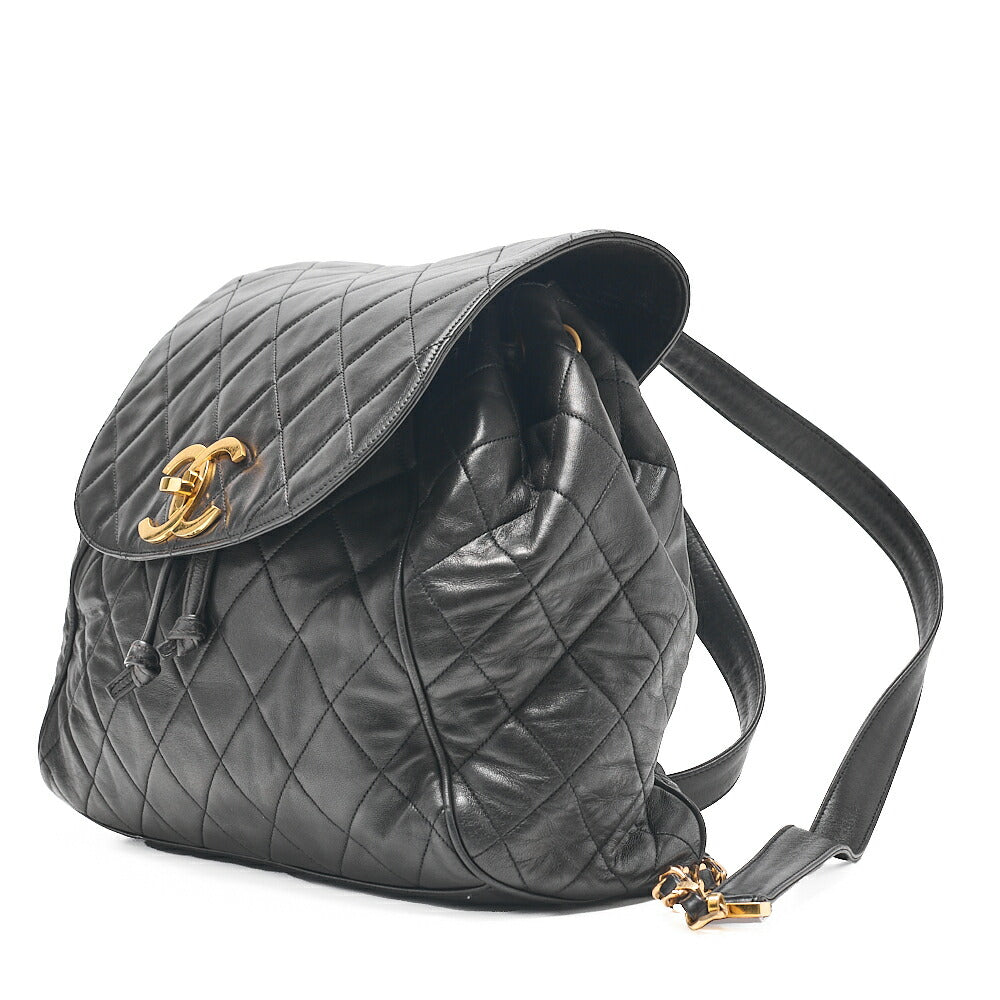 CHANEL Lambskin Coco Mark Chain Backpack Black Gold-Tone Hardware, Pre-Owned