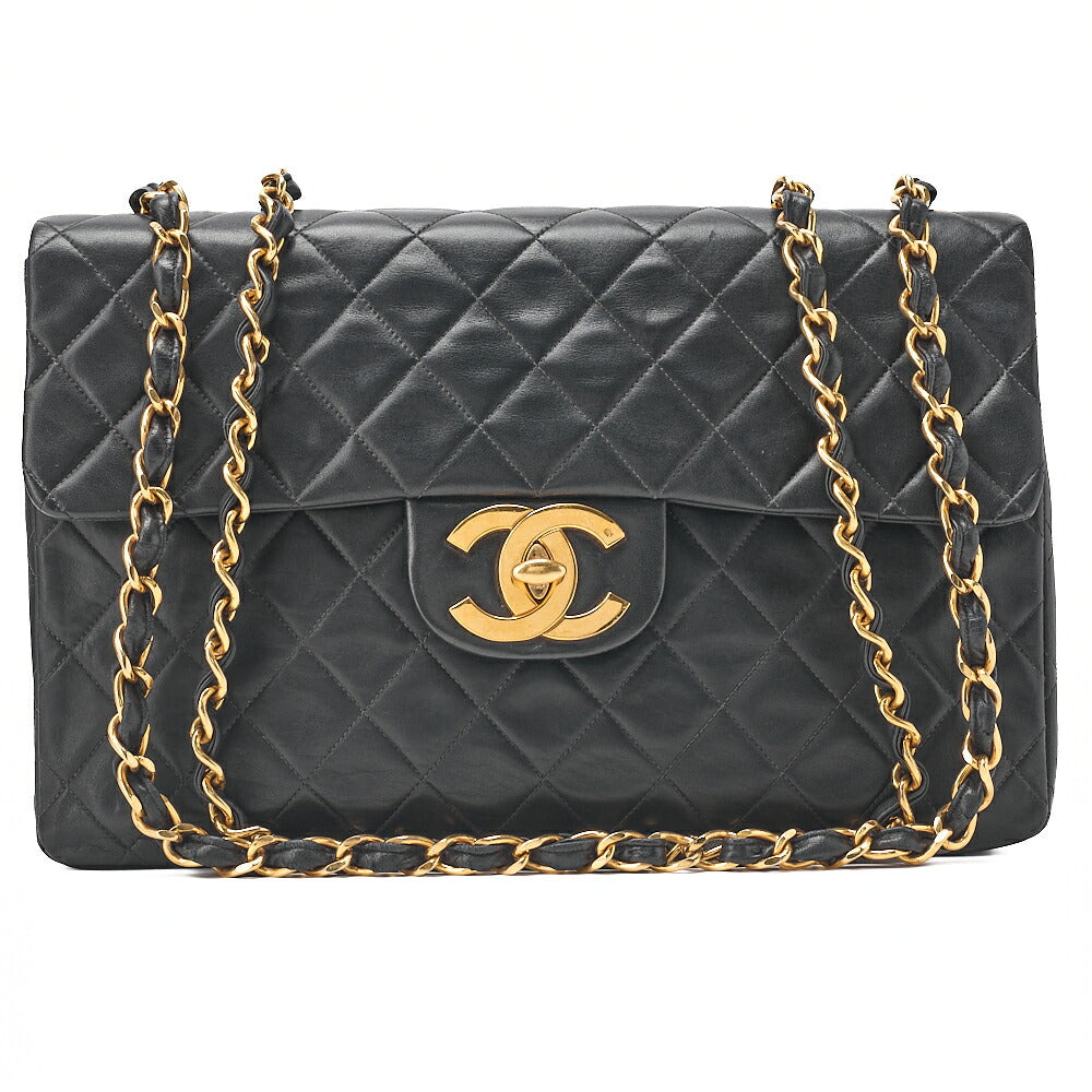 CHANEL Chain Shoulder Bag Deka Matelasse 34cm Single Flap Lambskin Black Gold-Tone Hardware, Pre-Owned