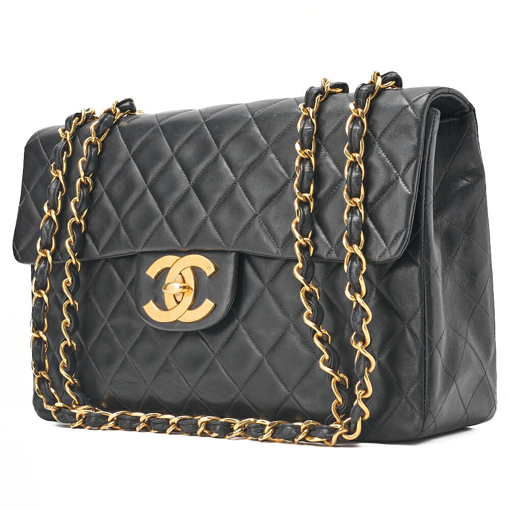 CHANEL Chain Shoulder Bag Deka Matelasse 34cm Single Flap Lambskin Black Gold-Tone Hardware, Pre-Owned