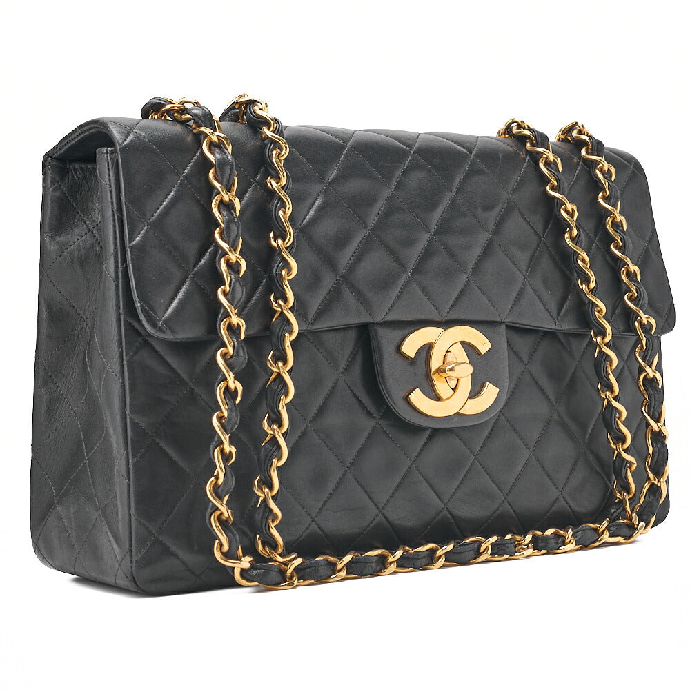 CHANEL Chain Shoulder Bag Deka Matelasse 34cm Single Flap Lambskin Black Gold-Tone Hardware, Pre-Owned
