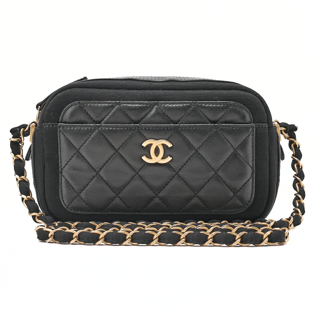 CHANEL Lambskin X Cotton Matelasse Coco Mark Double Chain Shoulder Black Gold-Tone Hardware, Pre-Owned