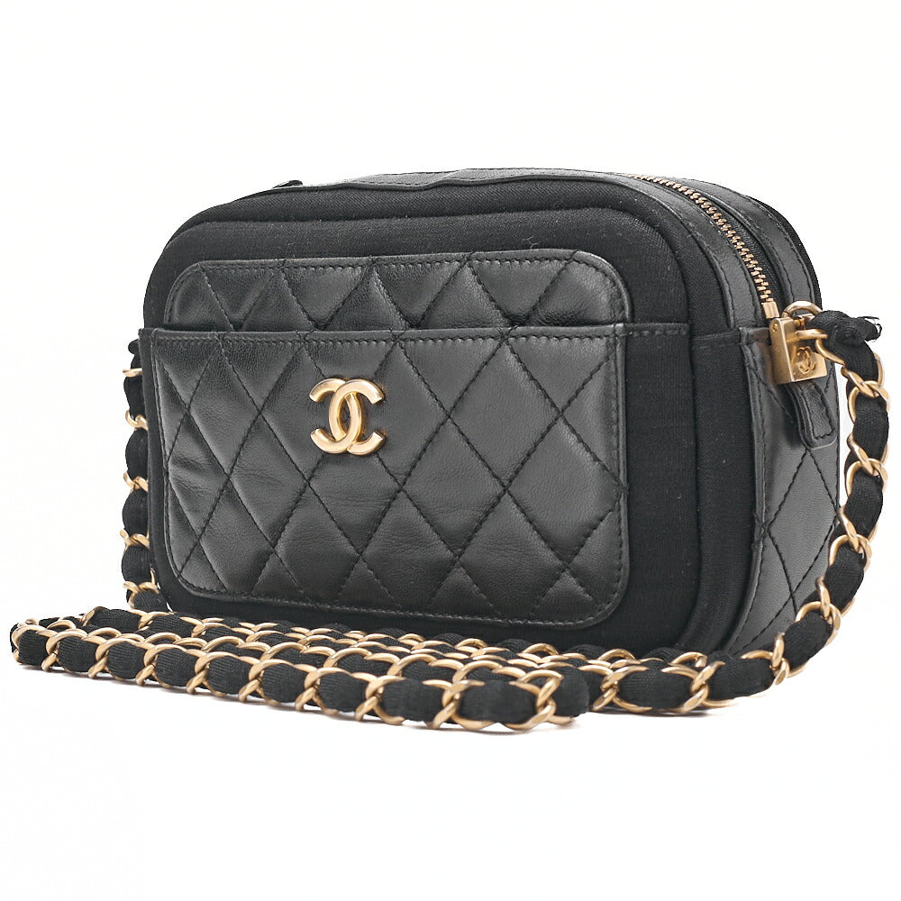 CHANEL Lambskin X Cotton Matelasse Coco Mark Double Chain Shoulder Black Gold-Tone Hardware, Pre-Owned