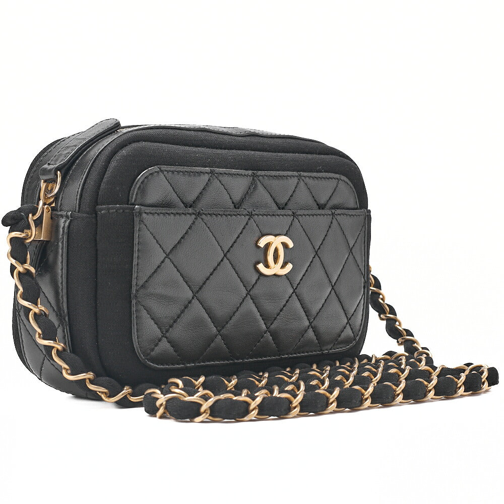 CHANEL Lambskin X Cotton Matelasse Coco Mark Double Chain Shoulder Black Gold-Tone Hardware, Pre-Owned