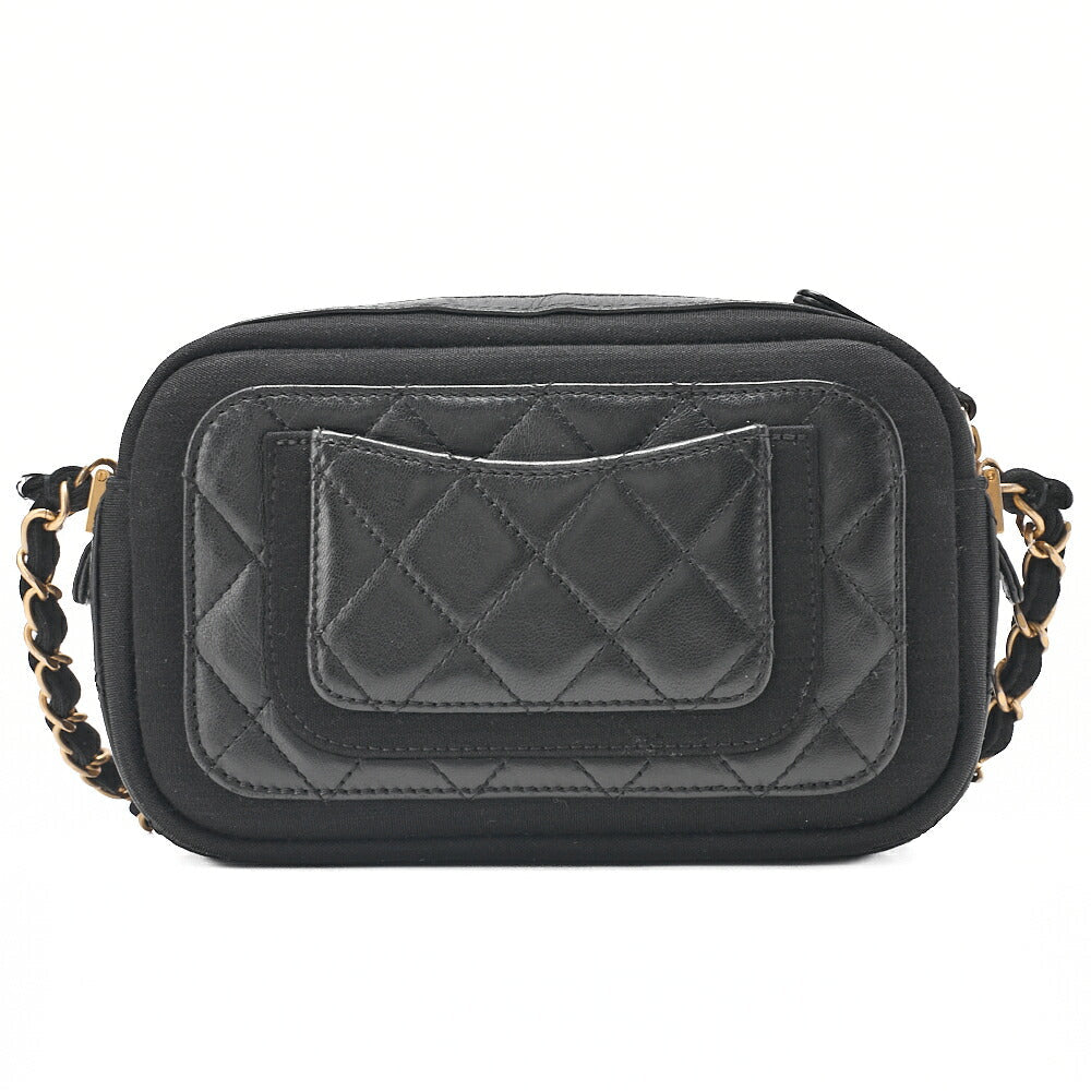 CHANEL Lambskin X Cotton Matelasse Coco Mark Double Chain Shoulder Black Gold-Tone Hardware, Pre-Owned