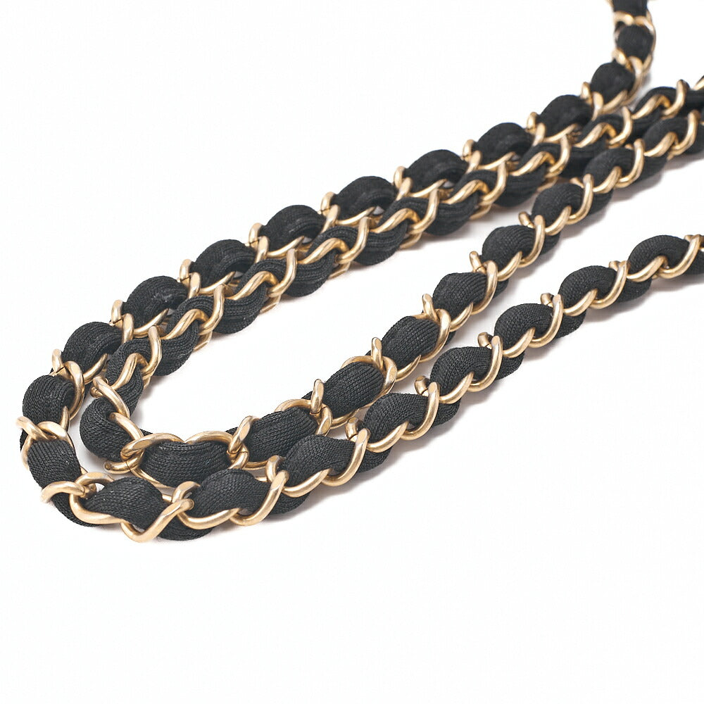 CHANEL Lambskin X Cotton Matelasse Coco Mark Double Chain Shoulder Black Gold-Tone Hardware, Pre-Owned