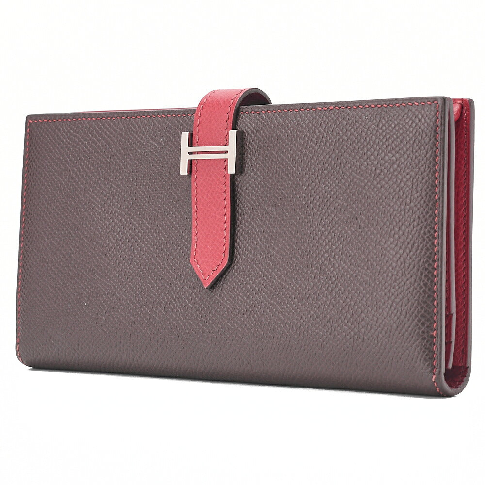 HERMES Bearn Souffle Epson Bi-Fold Long Wallet Havana X Rouge Silver-Tone Hardware, Pre-Owned