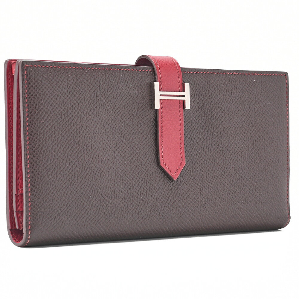 HERMES Bearn Souffle Epson Bi-Fold Long Wallet Havana X Rouge Silver-Tone Hardware, Pre-Owned