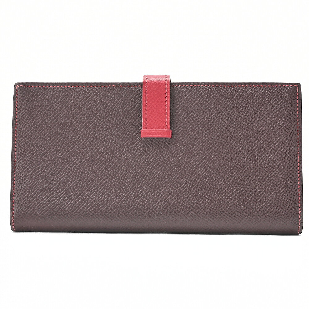 HERMES Bearn Souffle Epson Bi-Fold Long Wallet Havana X Rouge Silver-Tone Hardware, Pre-Owned