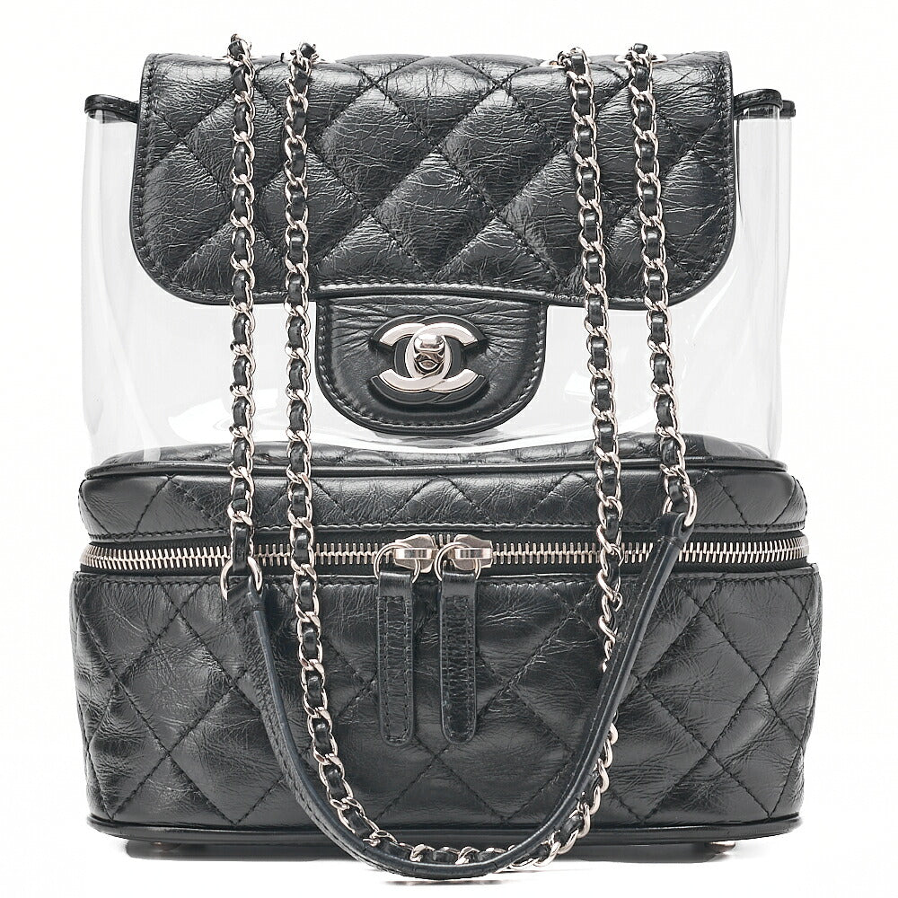 CHANEL Vintage Calf X Vinyl Matelasse Turn Lock Backpack-Type Chain Shoulder Black Silver-Tone Hardware, Pre-Owned