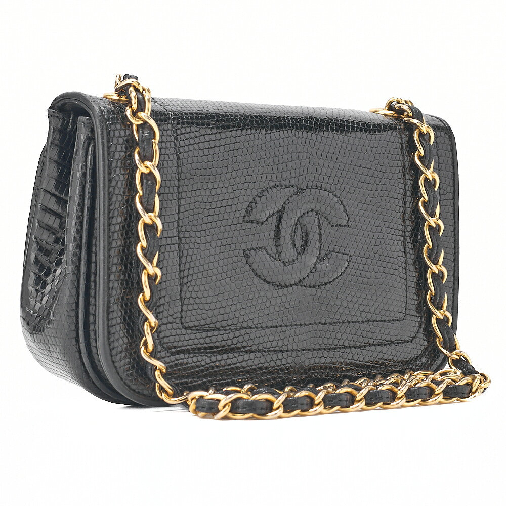 CHANEL Lizard Coco Mark Full Flap Chain Shoulder Black Gold-Tone Hardware, Pre-Owned