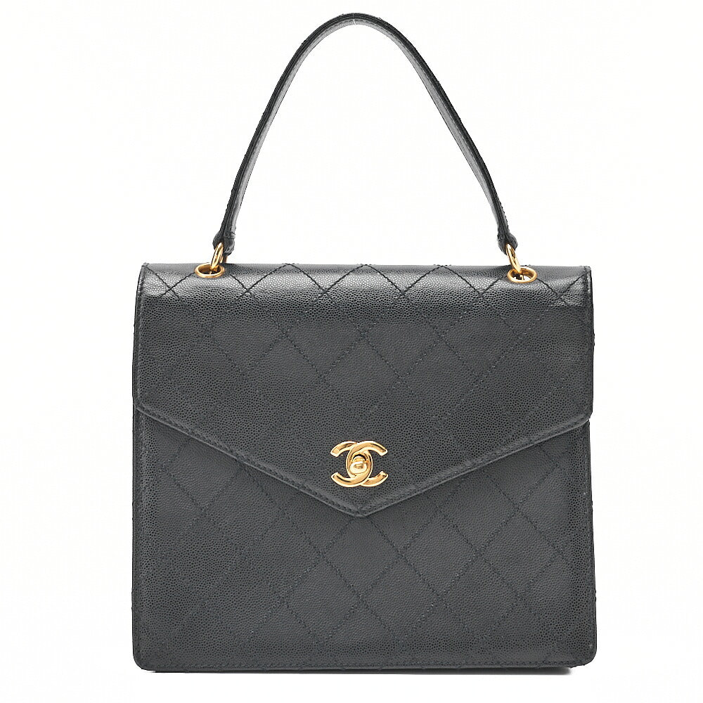 CHANEL Caviar Skin Matelasse Turn Lock V-Flap Handbag Black Gold-Tone Hardware, Pre-Owned