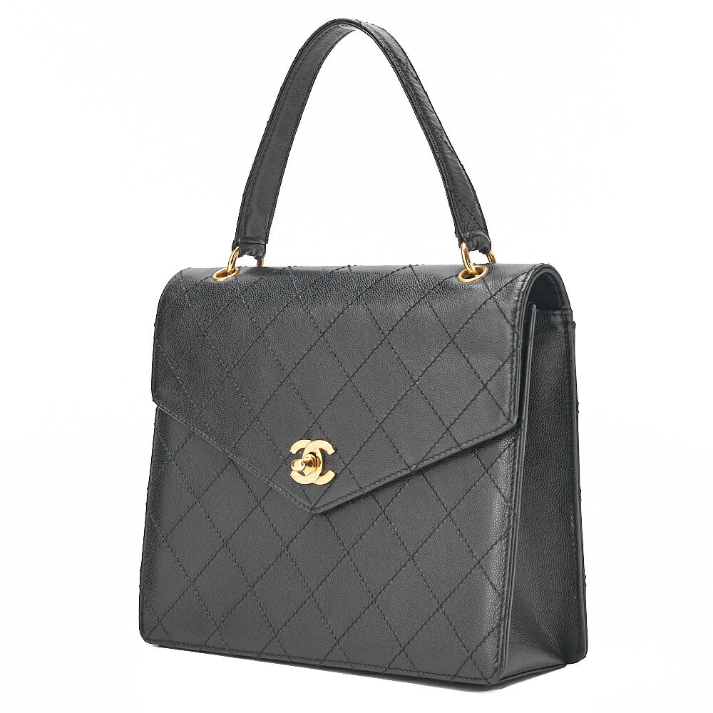 CHANEL Caviar Skin Matelasse Turn Lock V-Flap Handbag Black Gold-Tone Hardware, Pre-Owned