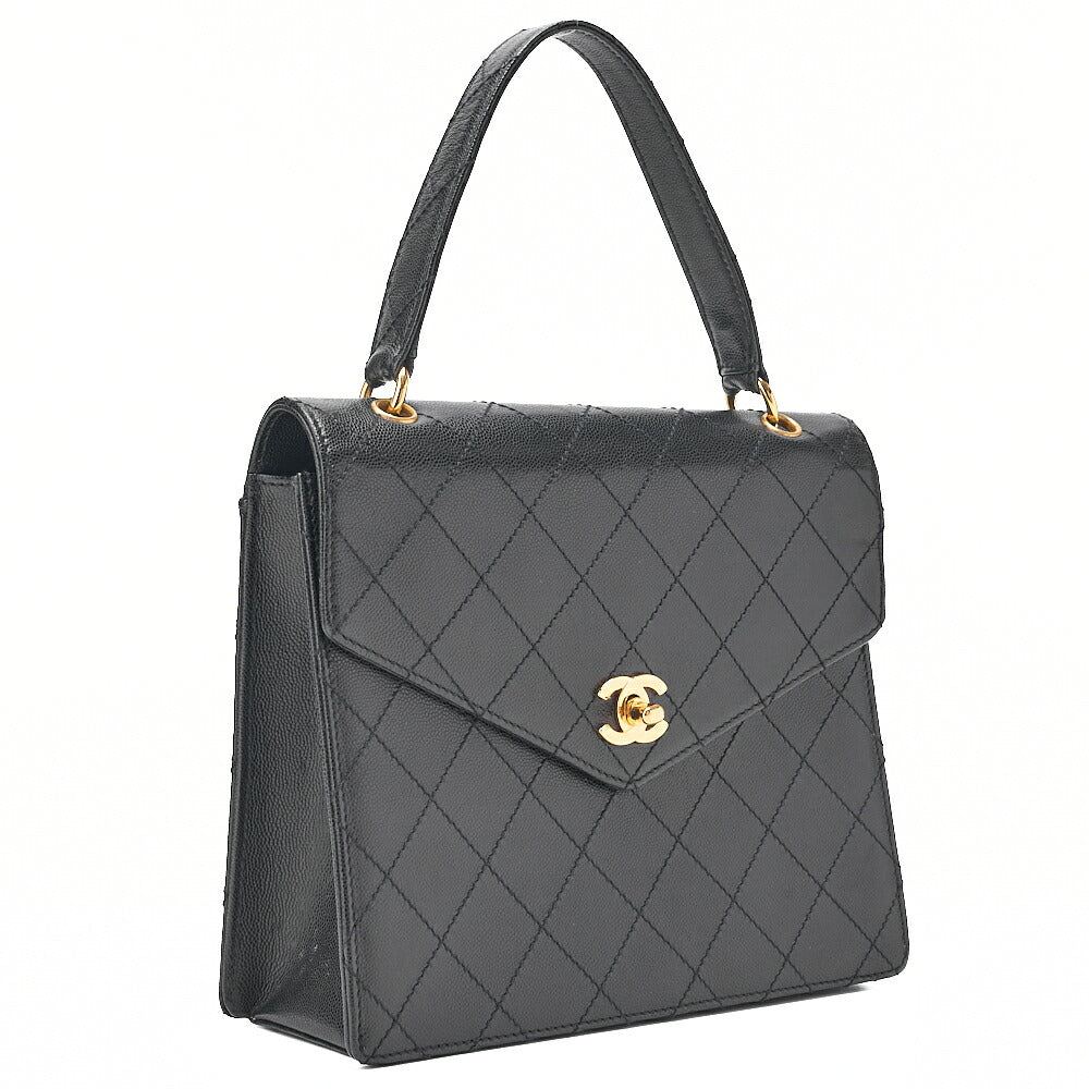 CHANEL Caviar Skin Matelasse Turn Lock V-Flap Handbag Black Gold-Tone Hardware, Pre-Owned