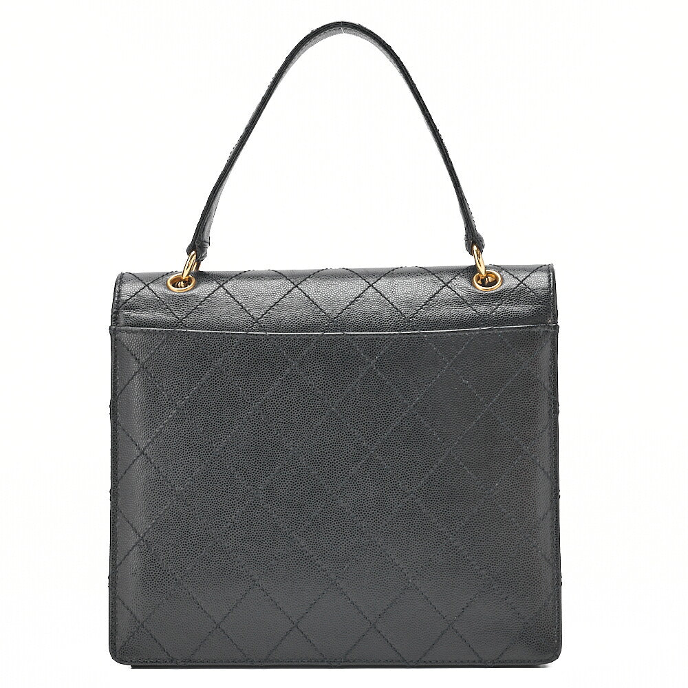 CHANEL Caviar Skin Matelasse Turn Lock V-Flap Handbag Black Gold-Tone Hardware, Pre-Owned