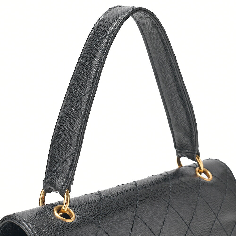 CHANEL Caviar Skin Matelasse Turn Lock V-Flap Handbag Black Gold-Tone Hardware, Pre-Owned