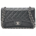 CHANEL Caviar Skin Deka Matelasse 30cm Double Flap Chain Shoulder Bag Black Silver-Tone Hardware, Pre-Owned