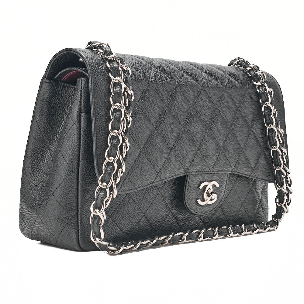 CHANEL Caviar Skin Deka Matelasse 30cm Double Flap Chain Shoulder Bag Black Silver-Tone Hardware, Pre-Owned