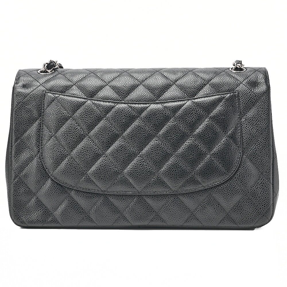 CHANEL Caviar Skin Deka Matelasse 30cm Double Flap Chain Shoulder Bag Black Silver-Tone Hardware, Pre-Owned