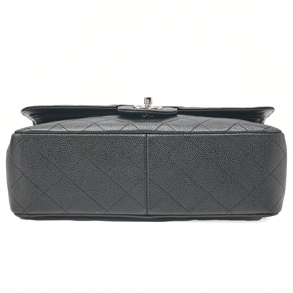 CHANEL Caviar Skin Deka Matelasse 30cm Double Flap Chain Shoulder Bag Black Silver-Tone Hardware, Pre-Owned