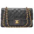 CHANEL Lambskin Matelasse 25cm Double Flap Chain Shoulder Black Gold -Tone Hardware, Pre-Owned