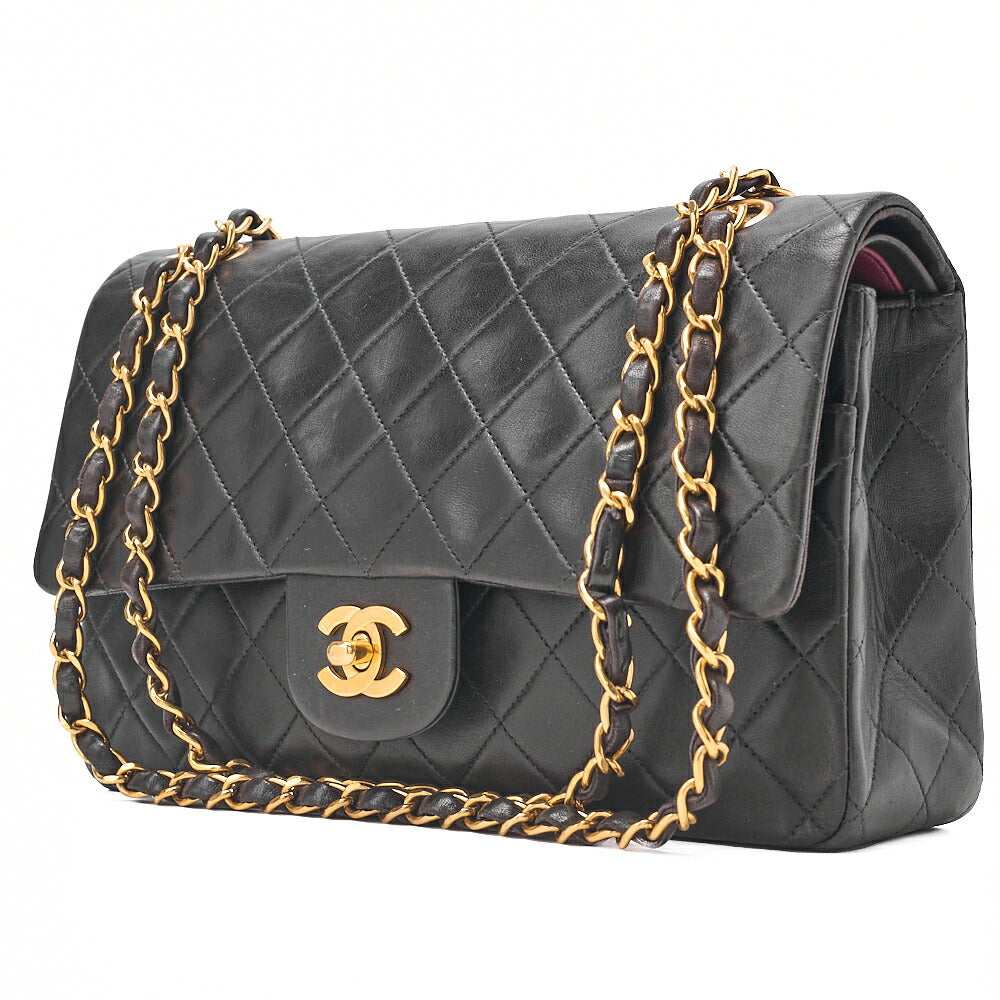 CHANEL Lambskin Matelasse 25cm Double Flap Chain Shoulder Black Gold -Tone Hardware, Pre-Owned