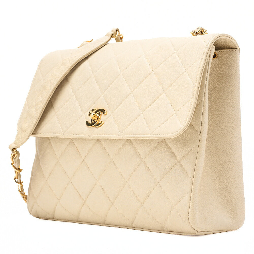 CHANEL Caviar Skin Matelasse Single Square Type Chain Shoulder Beige Gold-Tone Hardware, Pre-Owned