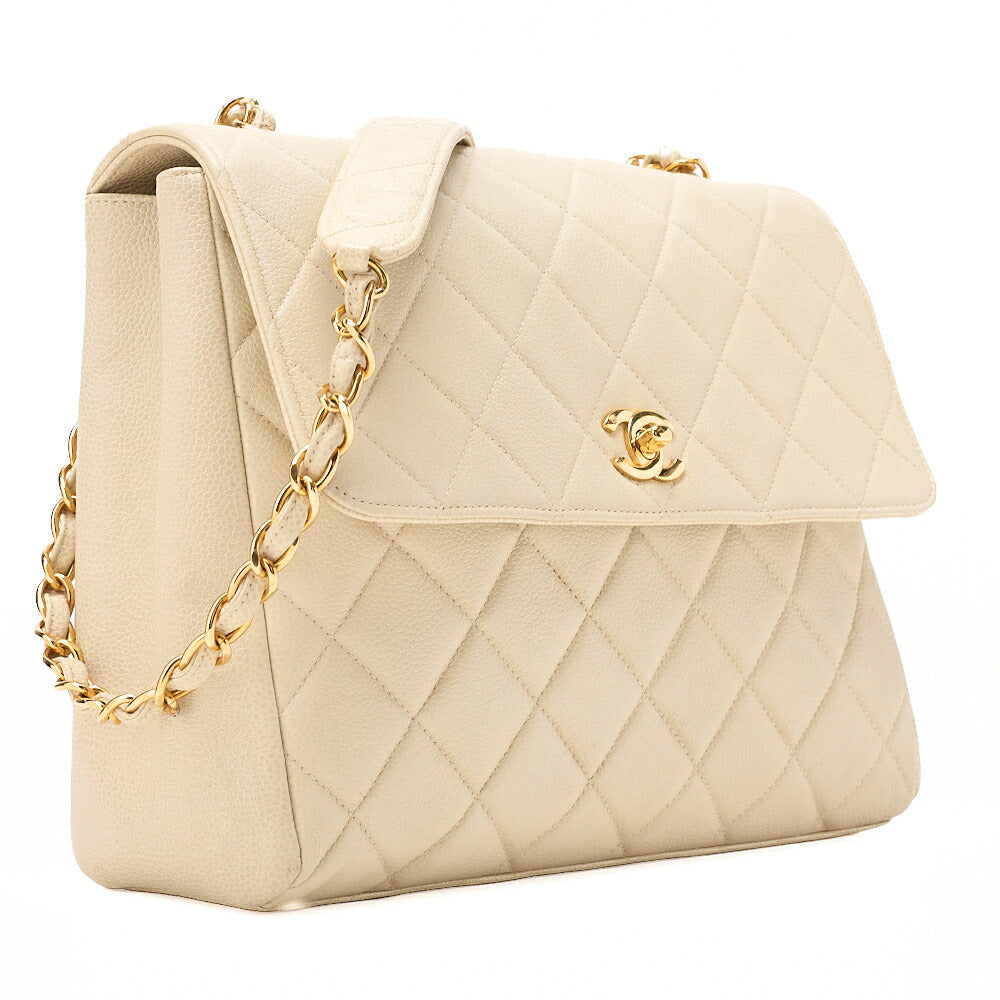 CHANEL Caviar Skin Matelasse Single Square Type Chain Shoulder Beige Gold-Tone Hardware, Pre-Owned