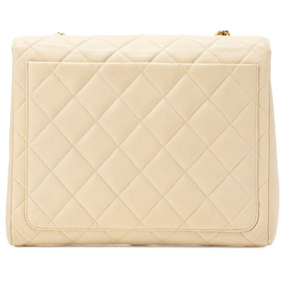 CHANEL Caviar Skin Matelasse Single Square Type Chain Shoulder Beige Gold-Tone Hardware, Pre-Owned