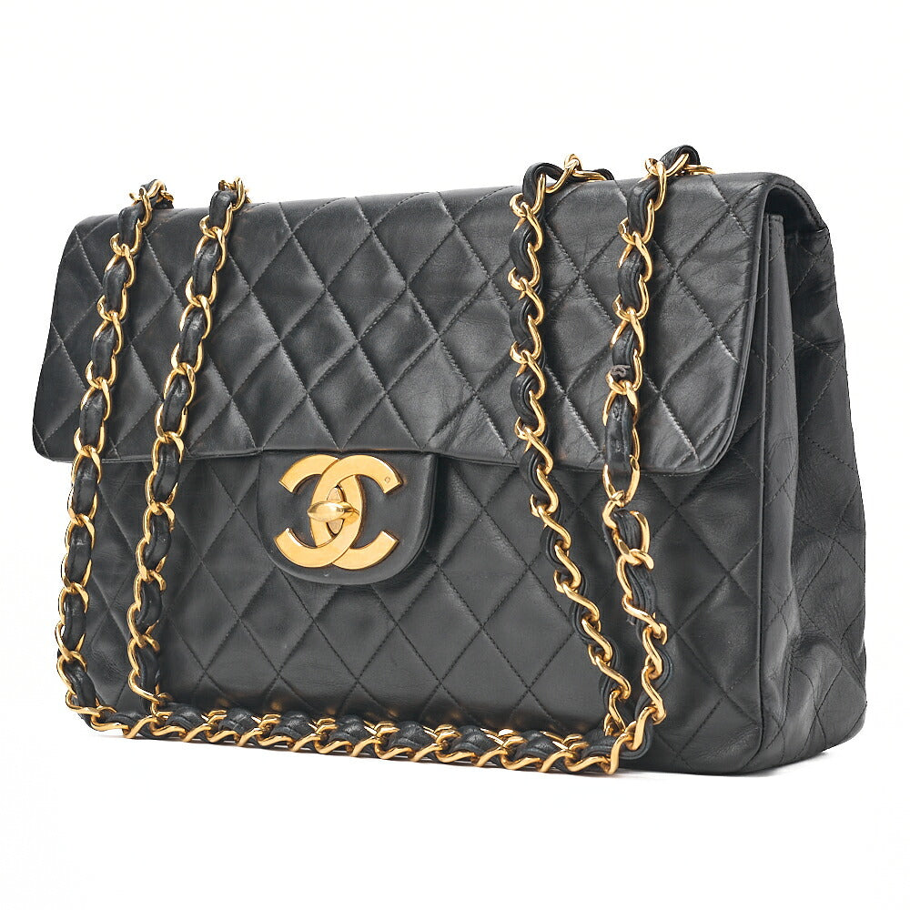 CHANEL Chain Shoulder Bag Deka Matelasse 34cm Single Flap Lambskin Black Gold-Tone Hardware, Pre-Owned