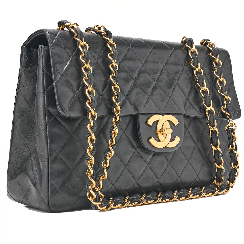 CHANEL Chain Shoulder Bag Deka Matelasse 34cm Single Flap Lambskin Black Gold-Tone Hardware, Pre-Owned