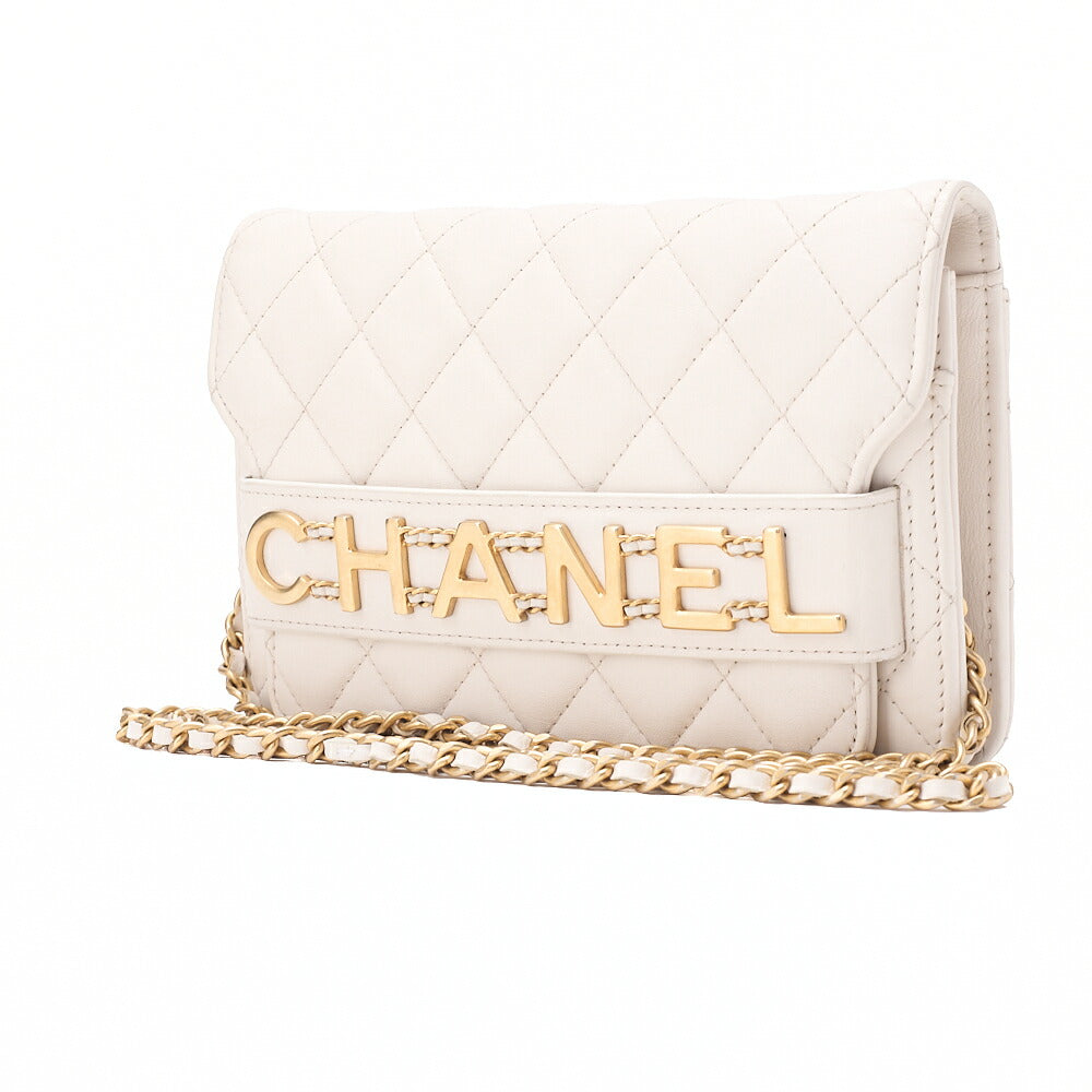 CHANEL Chain Wallet Matelasse Logo Mark Lambskin White Gold-Tone Hardware, Pre-Owned