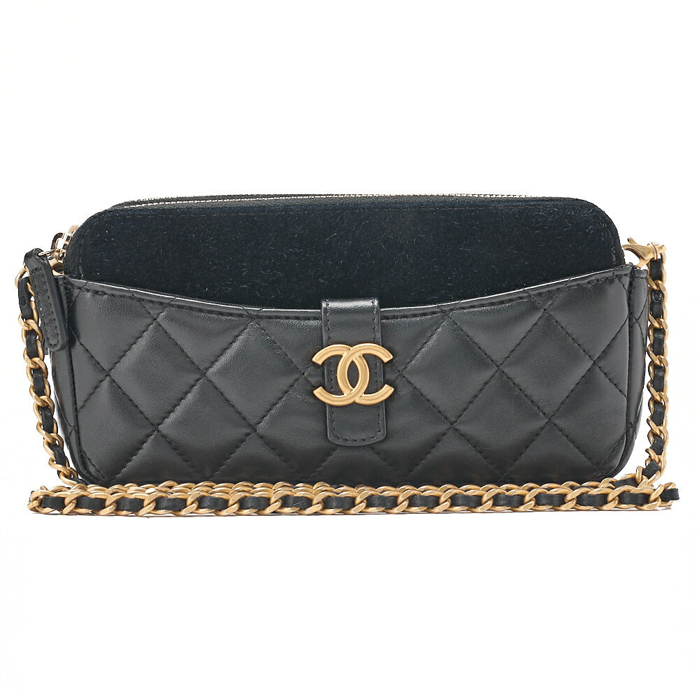 CHANEL Chain Wallet Coco Mark Matelasse Suede X Lambskin Black Gold-Tone Hardware, Pre-Owned