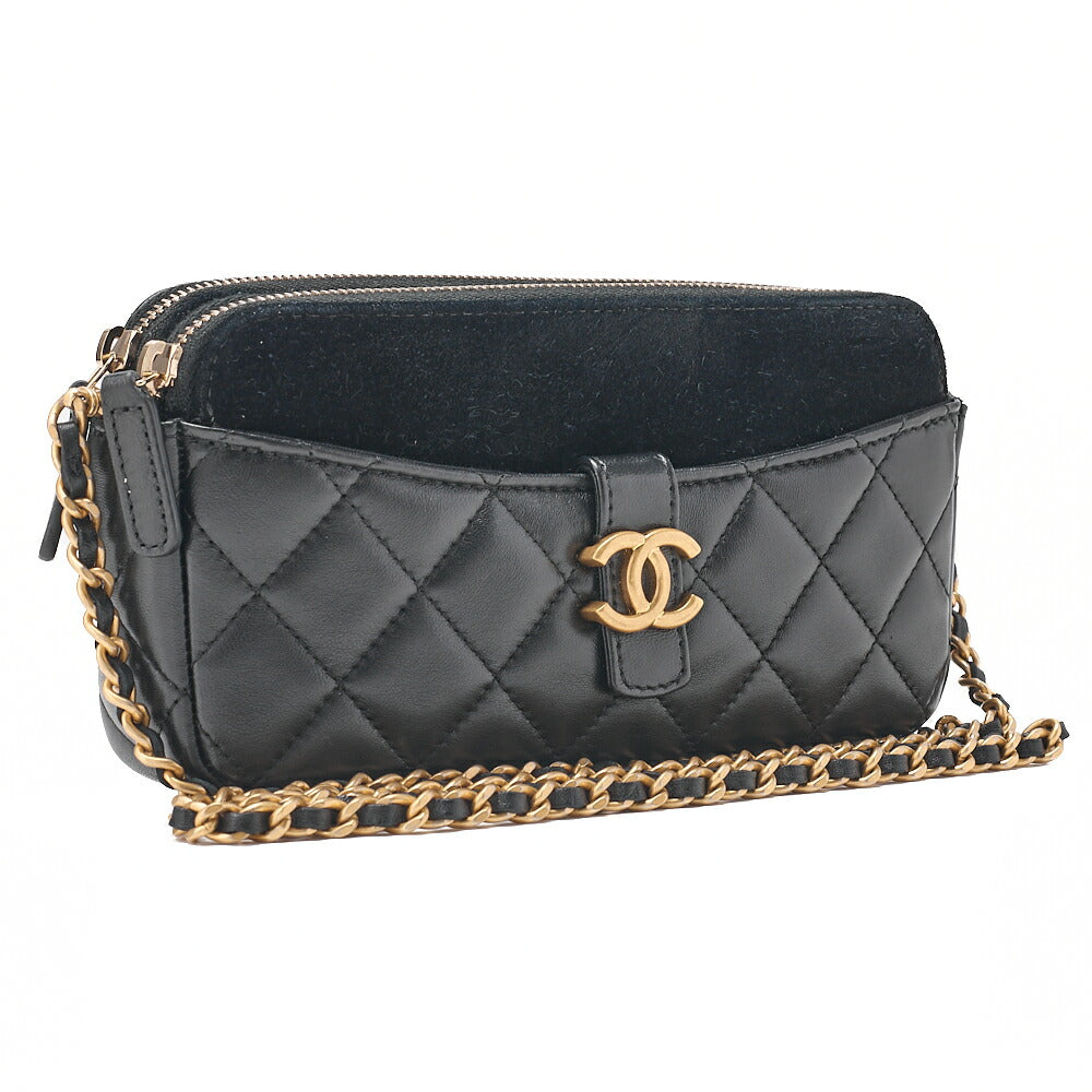 CHANEL Chain Wallet Coco Mark Matelasse Suede X Lambskin Black Gold-Tone Hardware, Pre-Owned