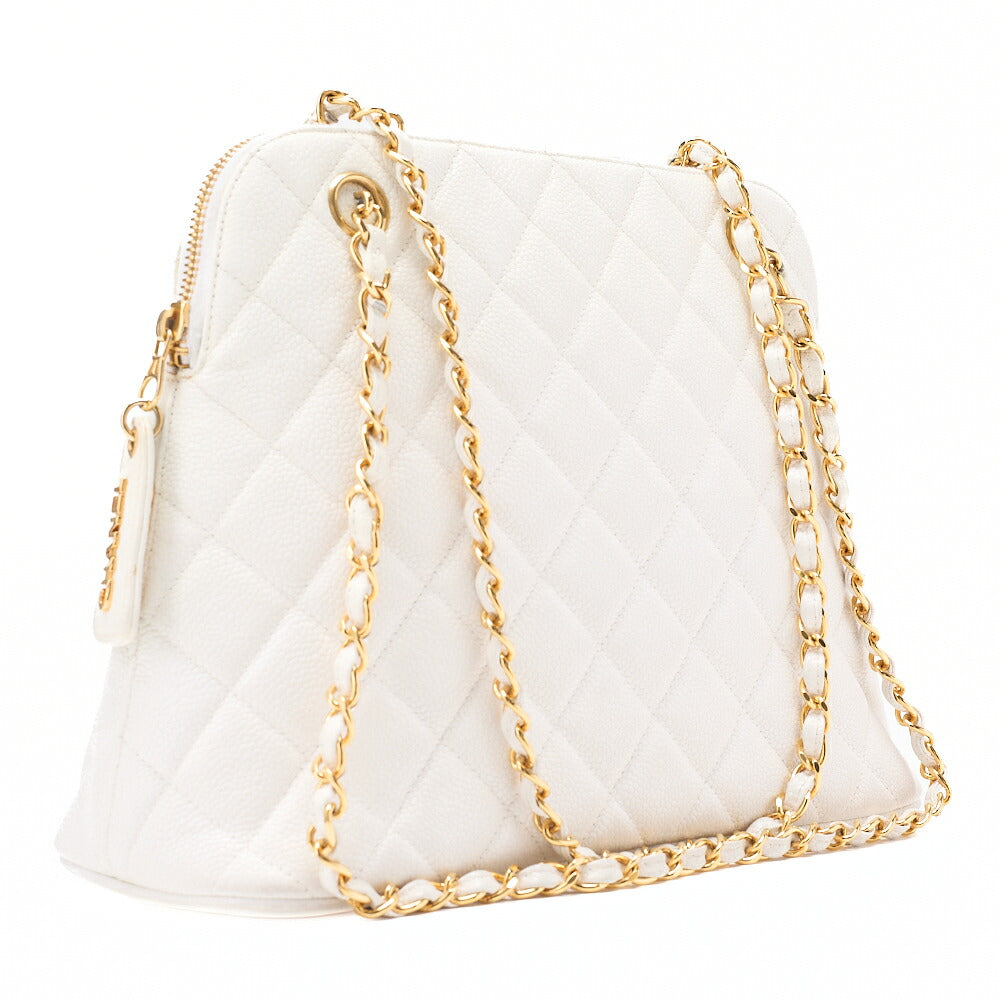 CHANEL Matelasse Plate Charm Trapezoidal Chain Shoulder Caviar Skin White Gold-Tone Hardware, Pre-Owned