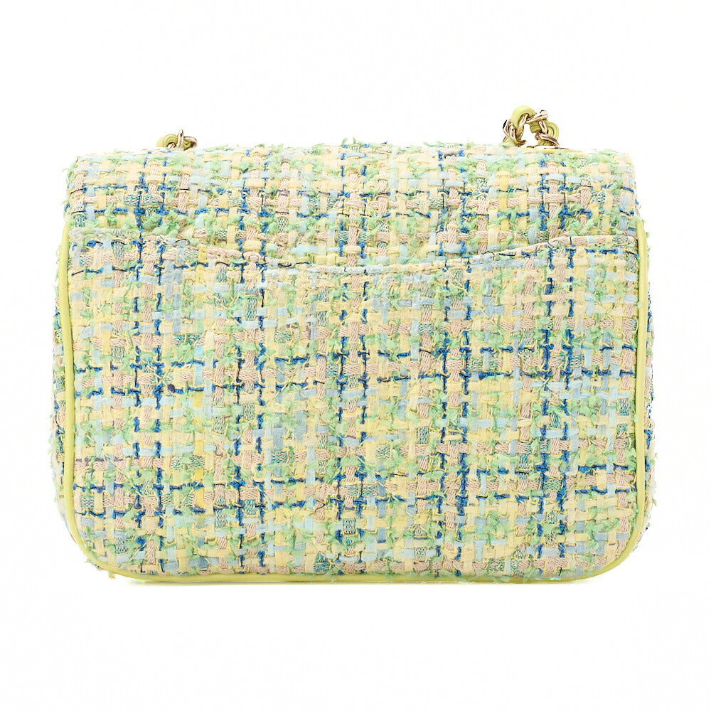 CHANEL Tweed X Leather Coco Mark Full Flap Chain Shoulder Light Green Gold-Tone Hardware, Pre-Owned