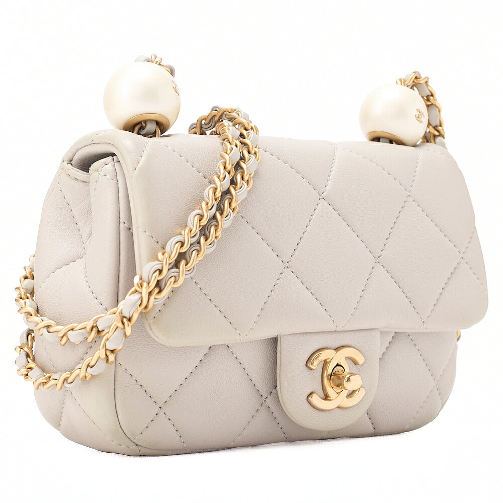 CHANEL Lambskin Mini Matelasse Ball Chain Shoulder Gray Gold-Tone Hardware, Pre-Owned