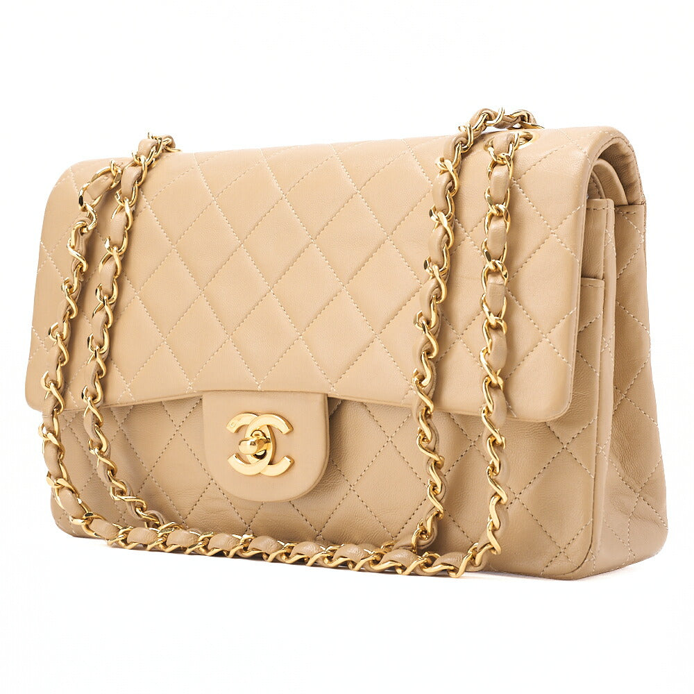 CHANEL Lambskin Matelasse Double Flap 25cm Chain Shoulder Beige Gold-Tone Hardware, Pre-Owned